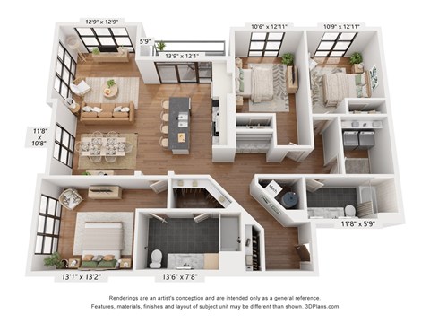 Floor plan for 3 beds, 2 baths, 1512 sqft